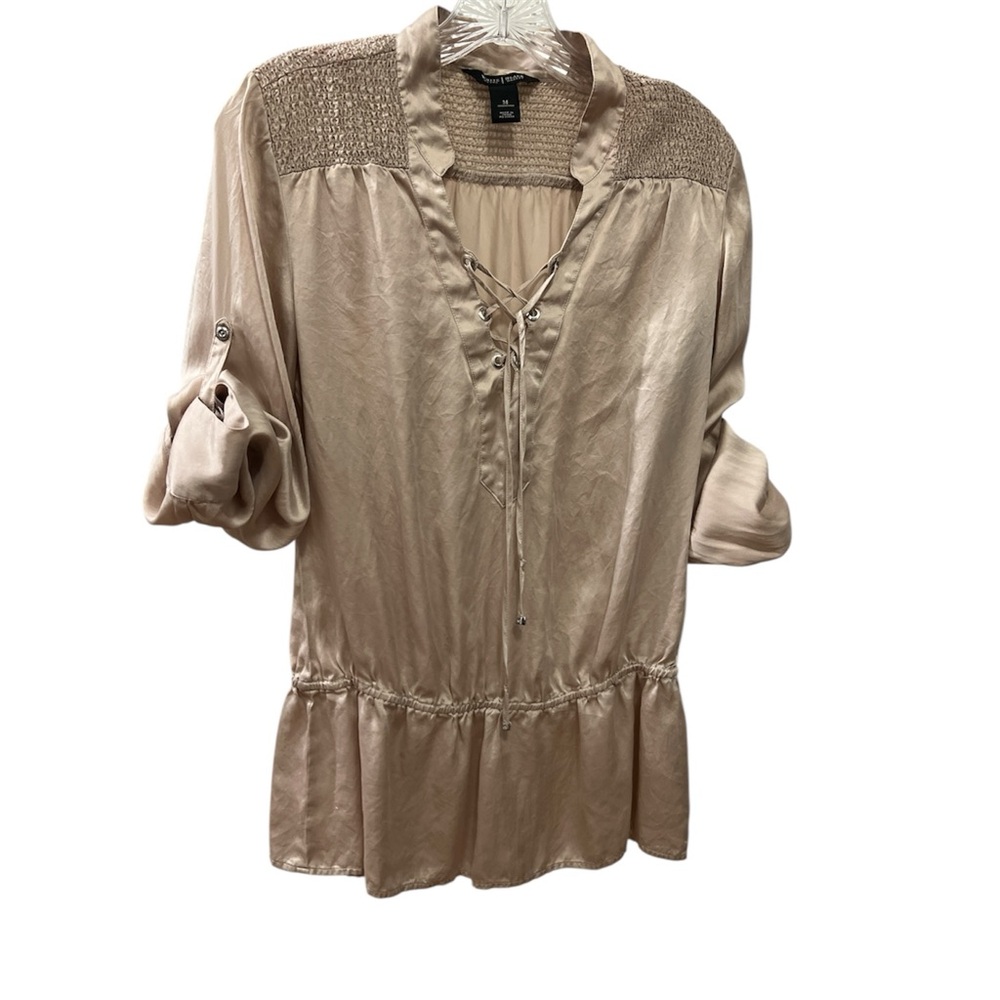 White House Black Market Gold Ruffled Blouse with Mandarin Collar Size M - Picture 2 of 10